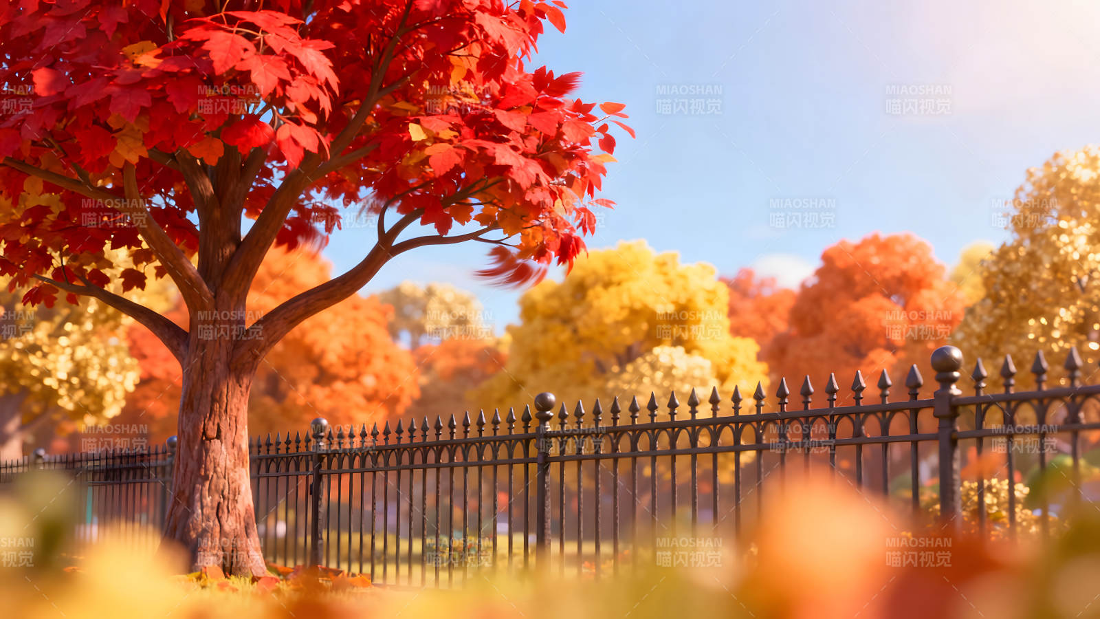 秋日紅葉樹木與柵欄美景-圖片