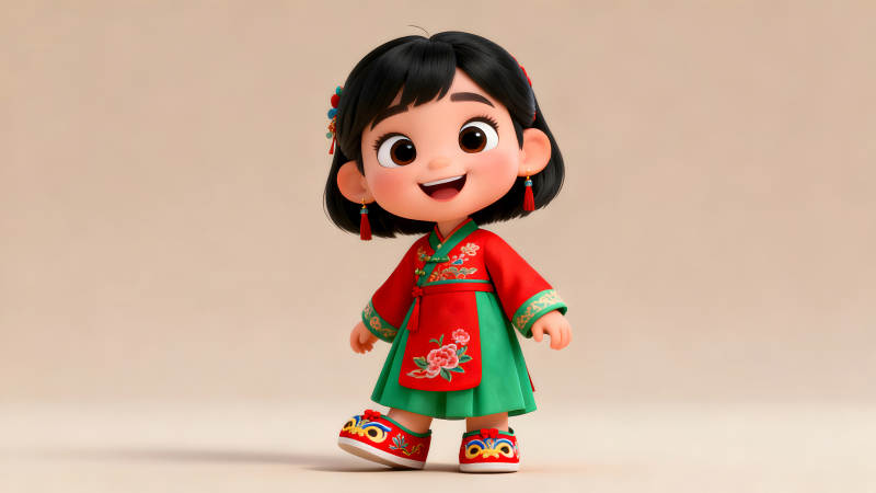 卡通女孩穿傳統服飾面帶笑容-圖片