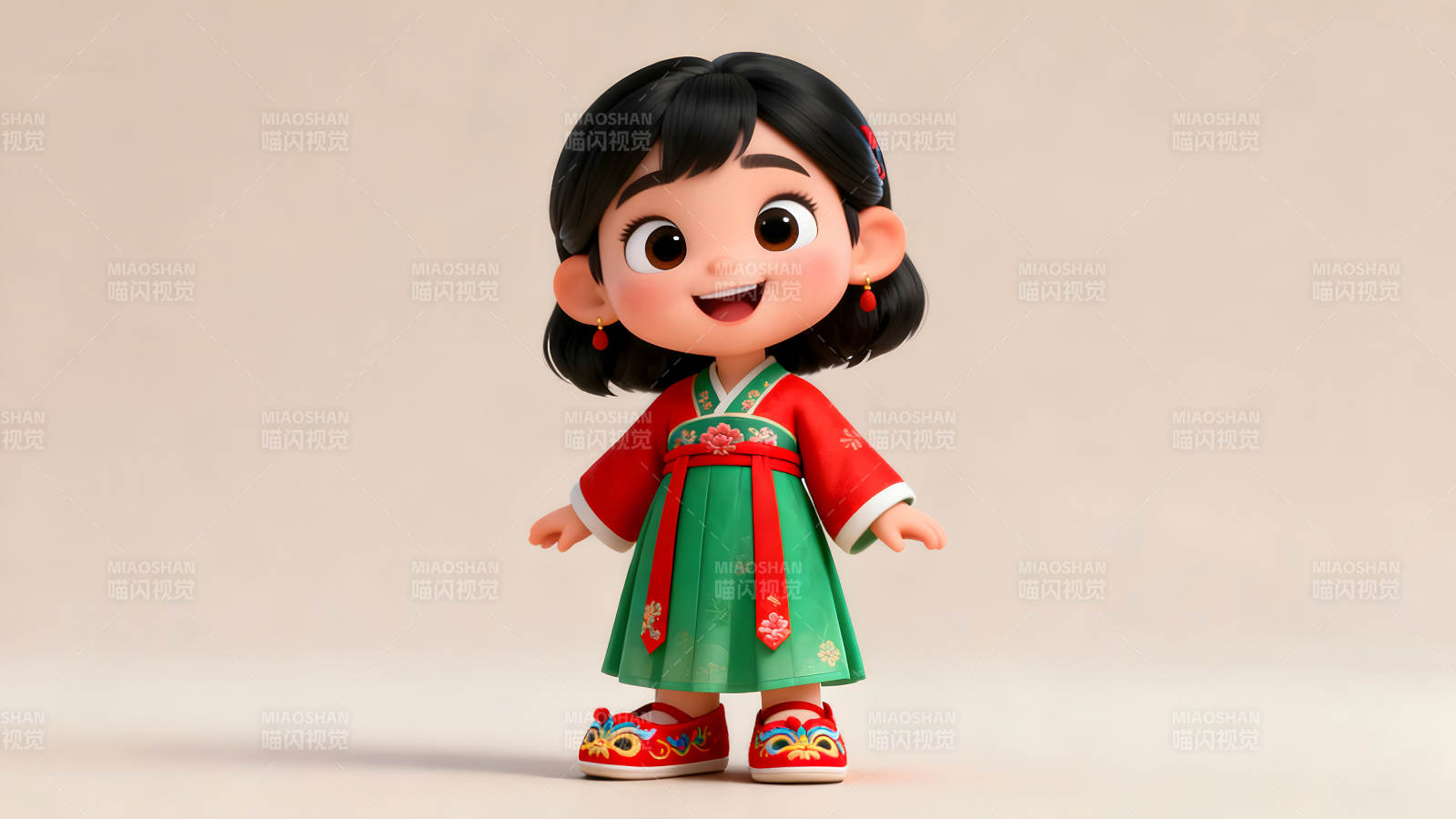 可愛卡通女孩穿著傳統服飾微笑-圖片