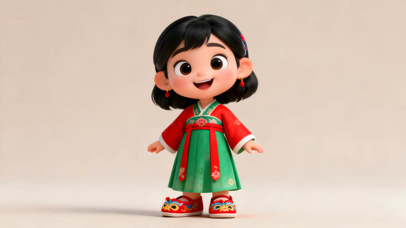 可愛卡通女孩穿著傳統服飾微笑-圖片