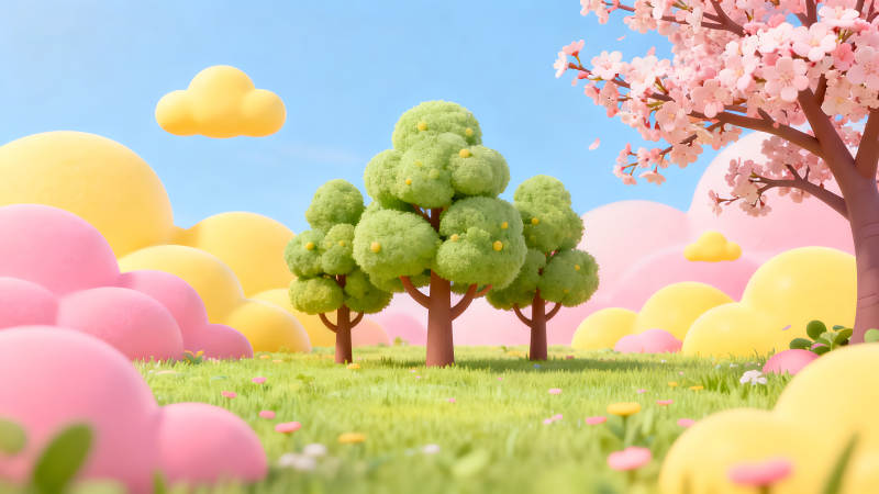 夢幻卡通風格的春日景象-圖片