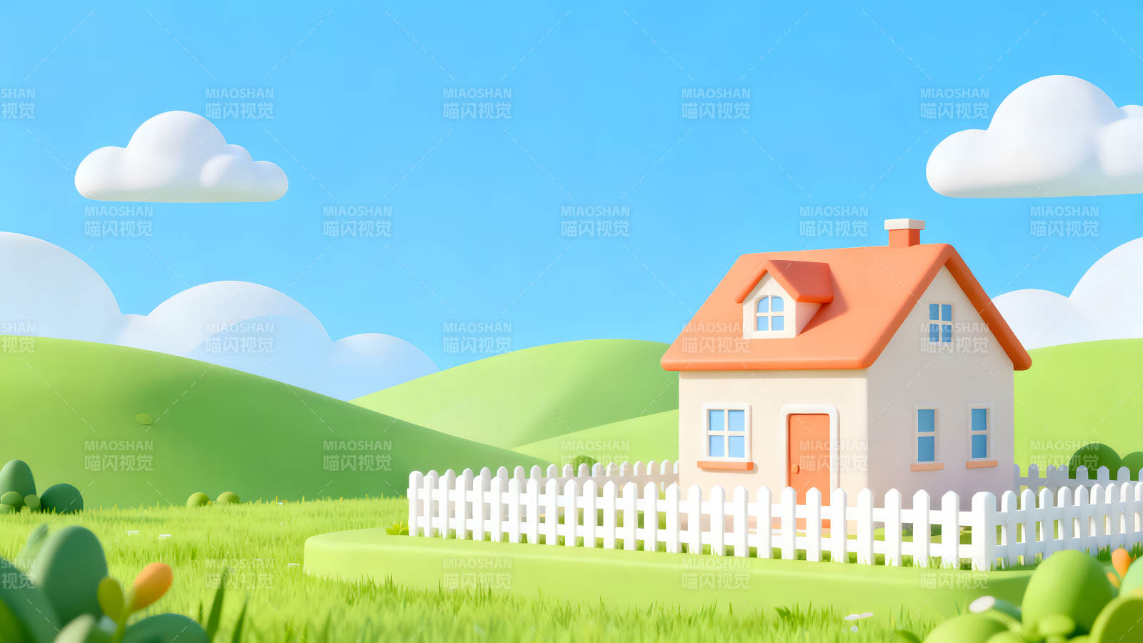 卡通房屋田園風光晴空萬里-圖片