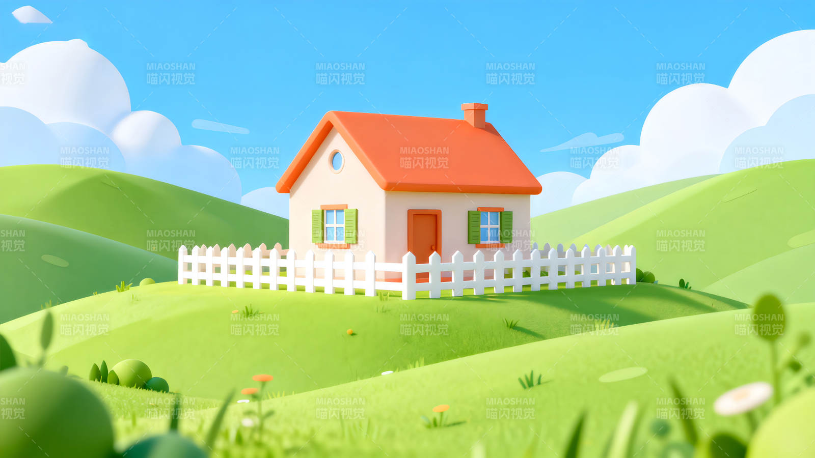 卡通小屋場景綠色田野藍天-圖片