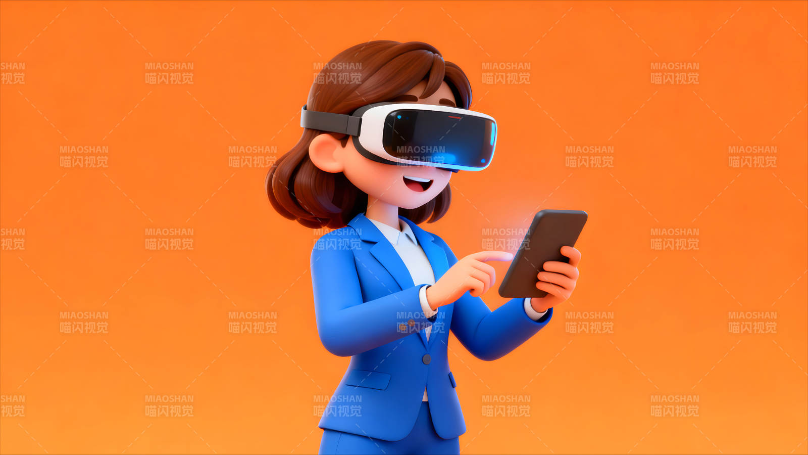 戴VR眼鏡的卡通人物玩手機-圖片