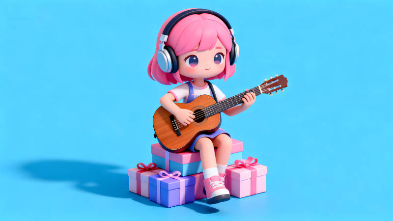 卡通女孩弹吉他戴耳机-图片