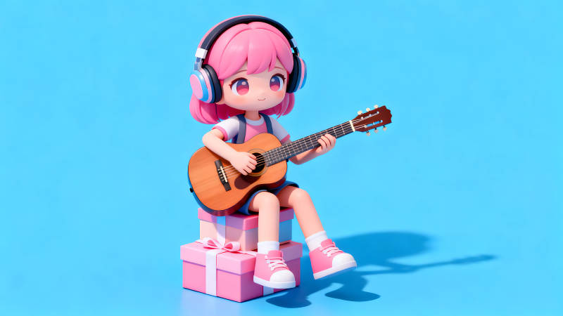 动漫女孩弹吉他蓝色背景-图片