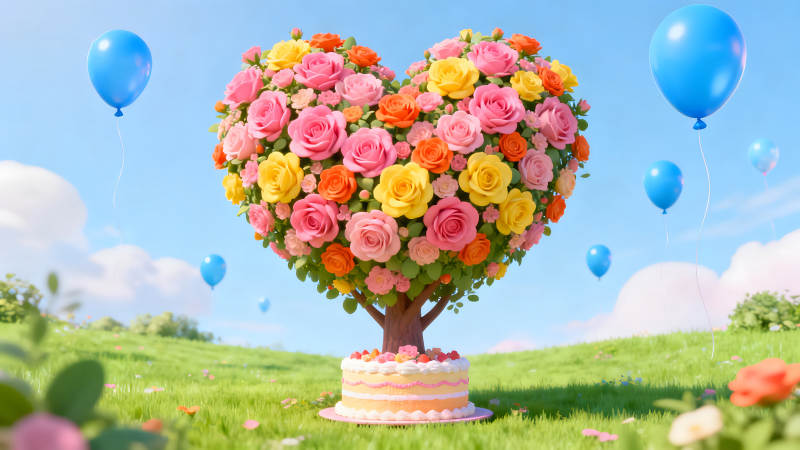心形花樹蛋糕與氣球-圖片