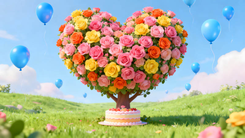 心形花樹與蛋糕和氣球的童話世界-圖片