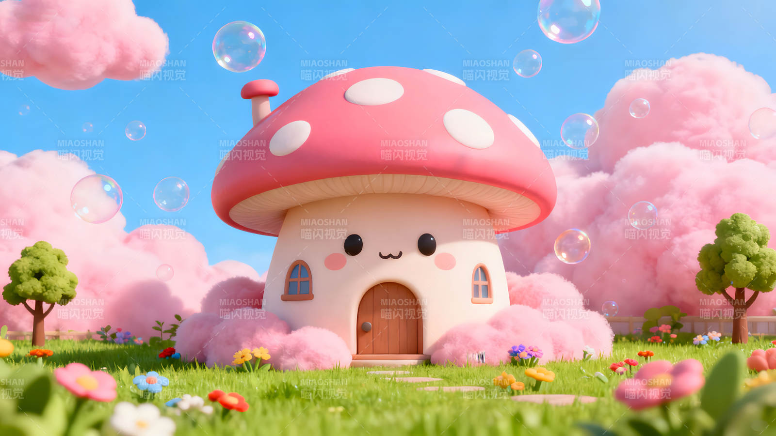 夢幻蘑菇屋與泡泡的可愛世界-圖片
