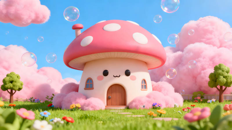 夢幻蘑菇屋與泡泡的可愛世界-圖片