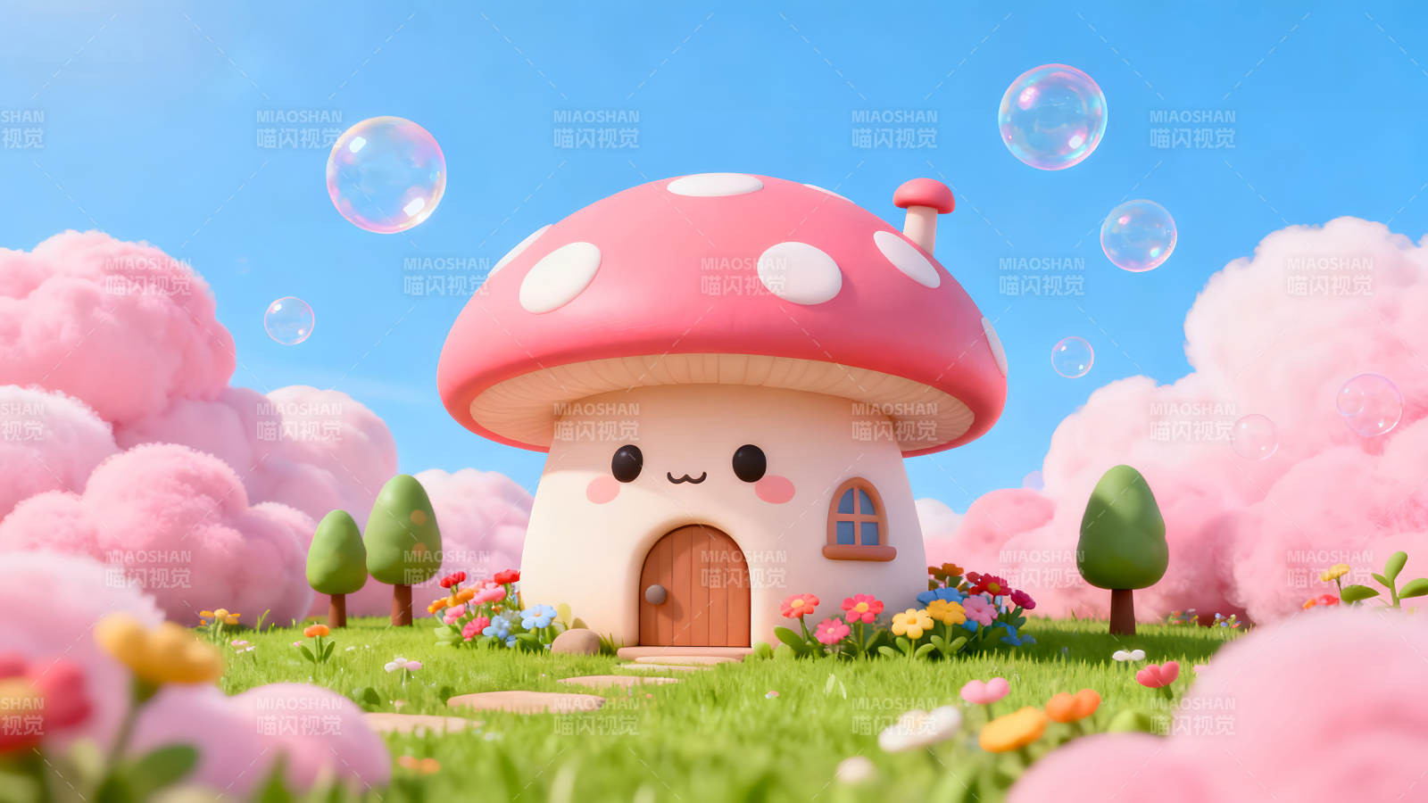 卡通蘑菇房在粉色世界里周圍漂浮著泡泡-圖片