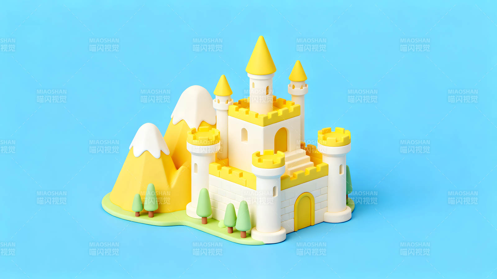 卡通城堡與山丘的藍天背景-圖片