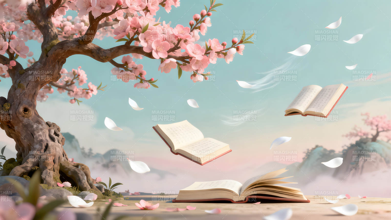 櫻花樹下飛舞的書本-圖片