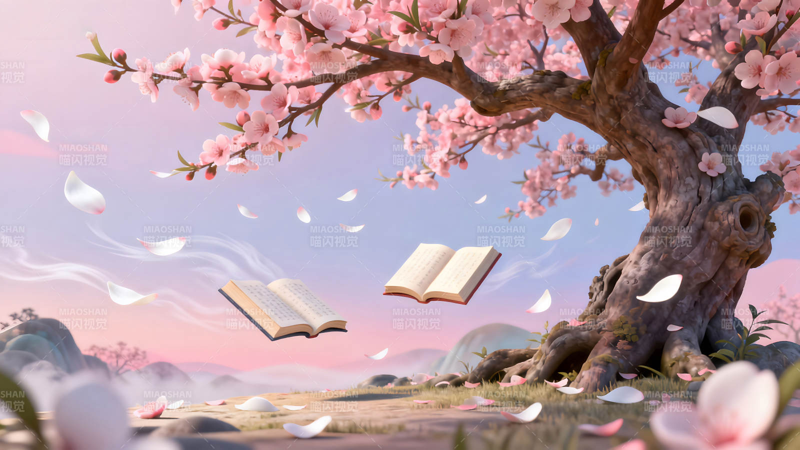 櫻花樹下書本飄飛唯美意境-圖片