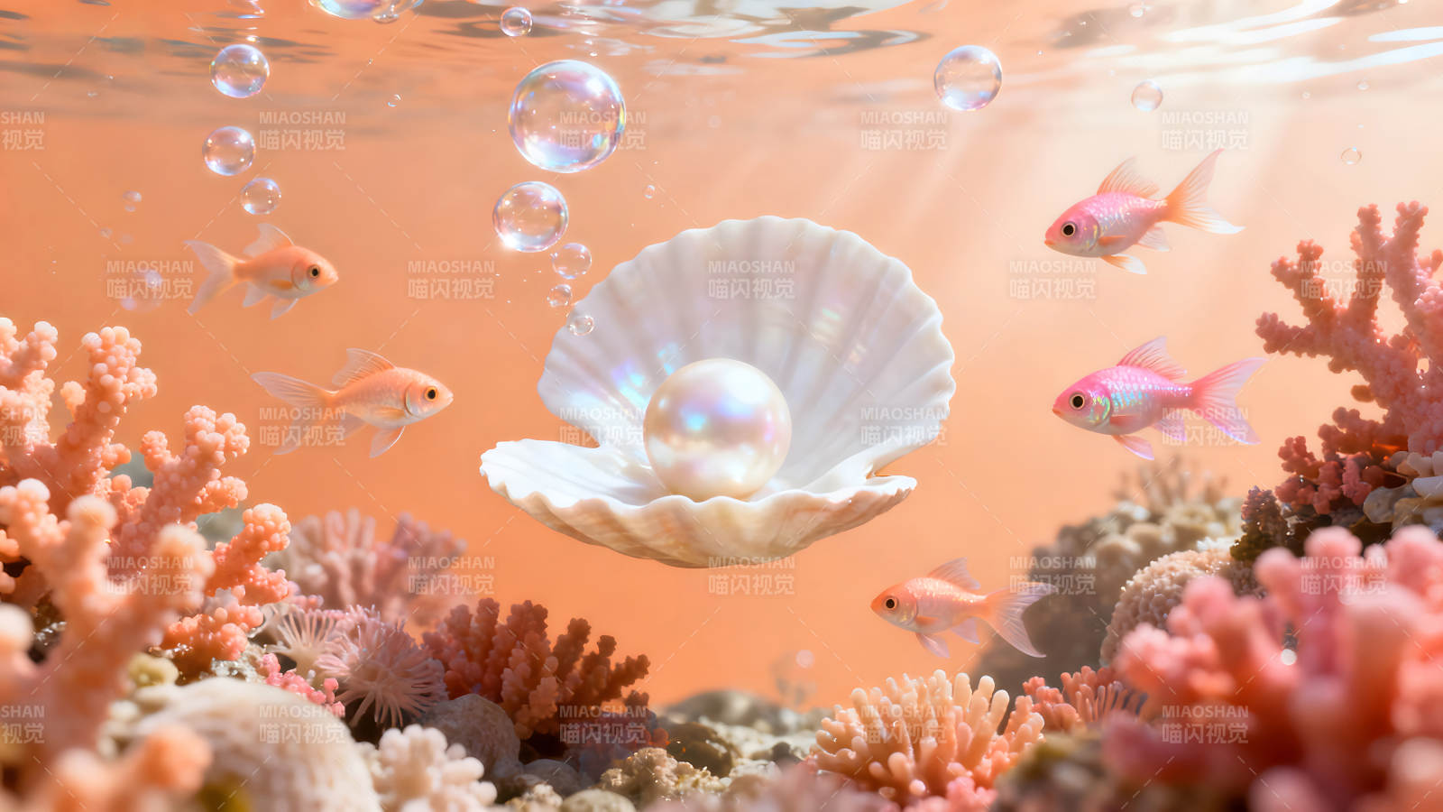 海洋中的珍珠與魚群場景-圖片