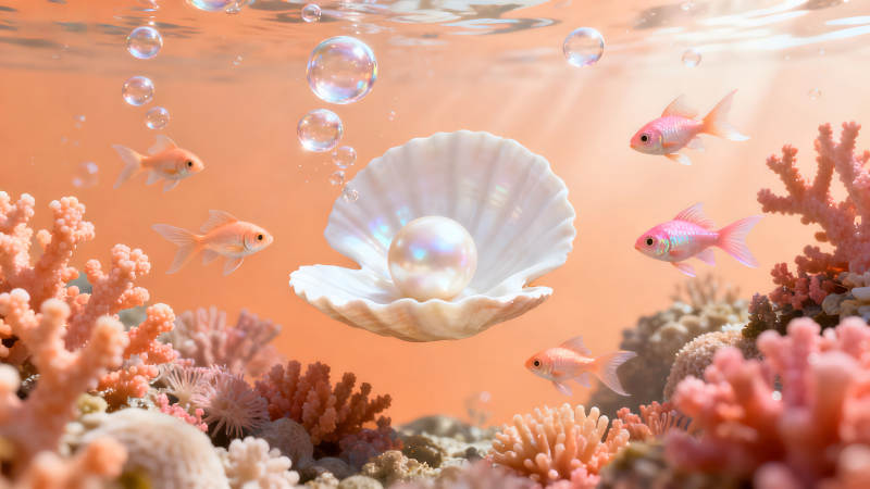 海洋中的珍珠與魚群場景-圖片