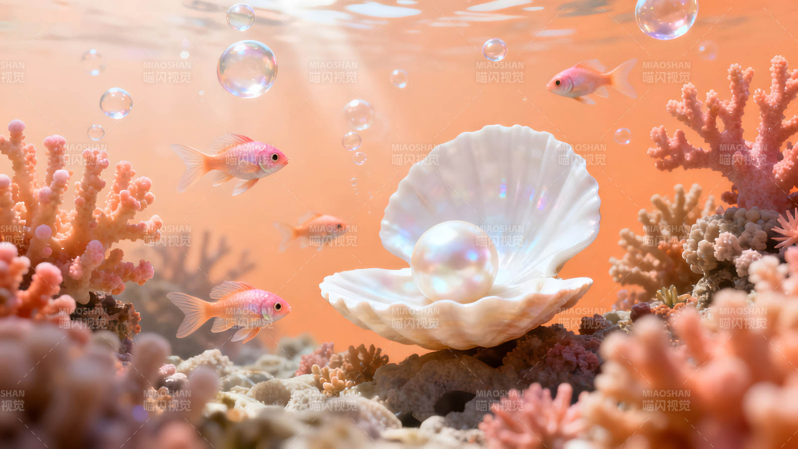 海底珍珠貝殼與魚珊瑚-圖片