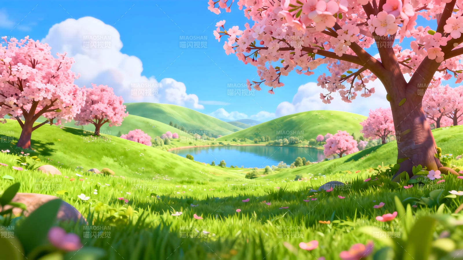 櫻花盛開的湖畔景色-圖片