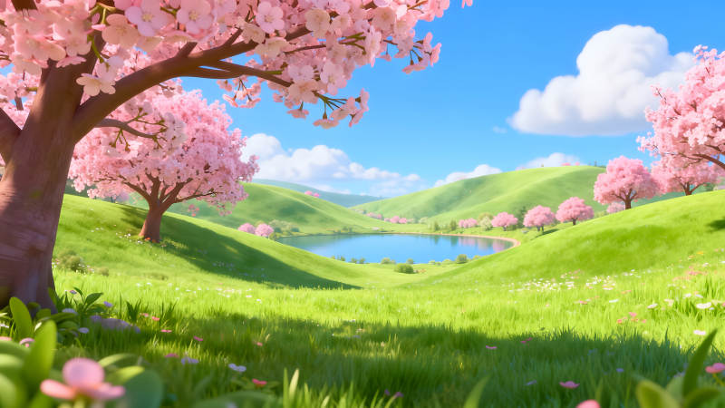 櫻花盛開的寧靜田園風光-圖片