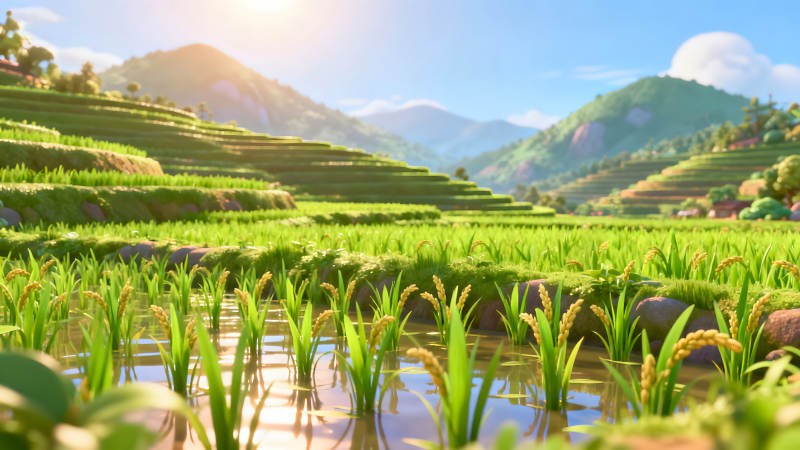 梯田風光稻浪豐收金色稻穗碧水藍天-圖片