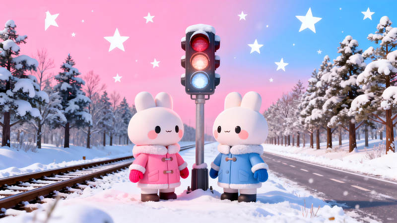 雪地里可愛兔子和紅綠燈-圖片