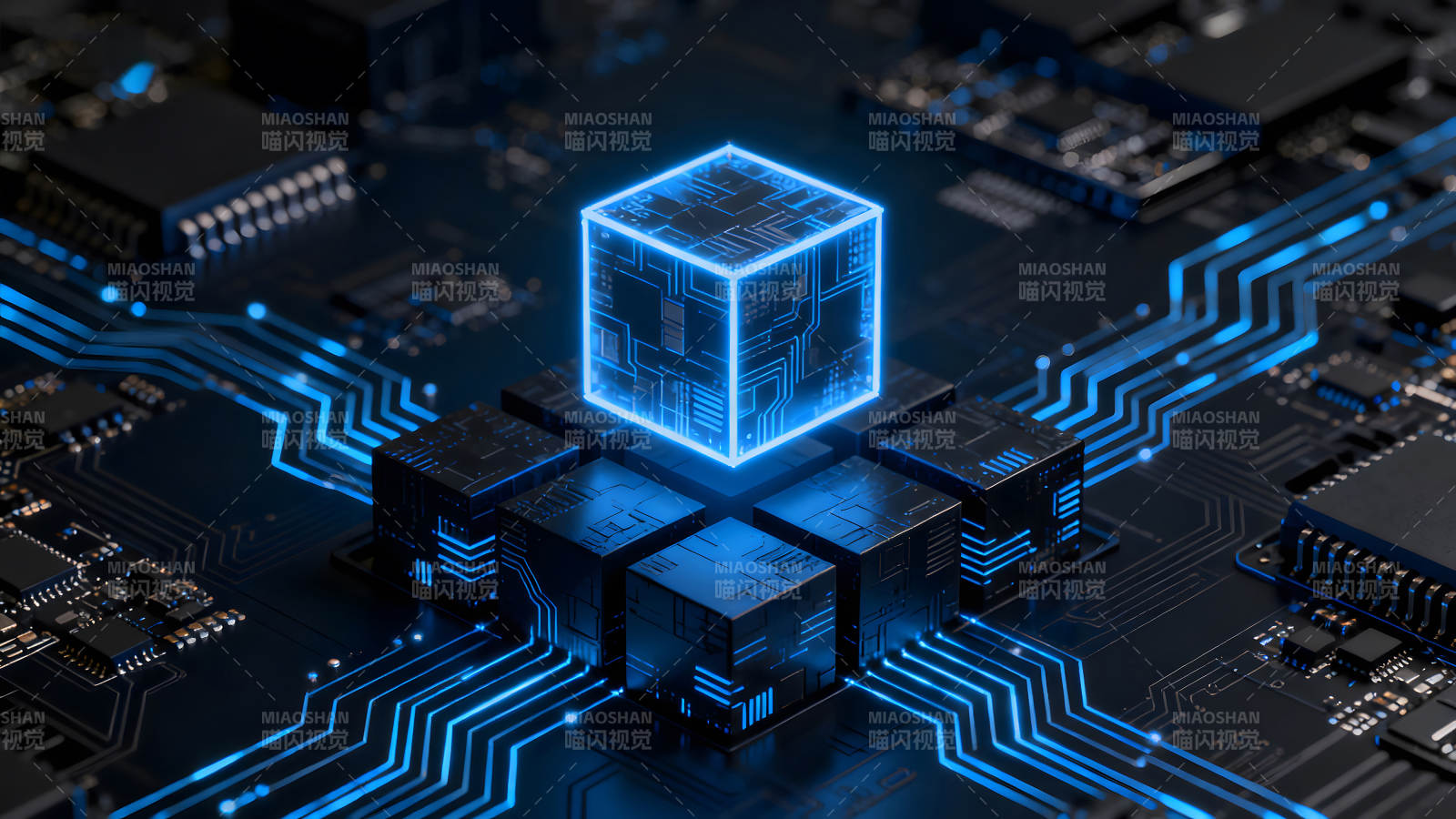 科技感十足的藍色發光電路板-圖片