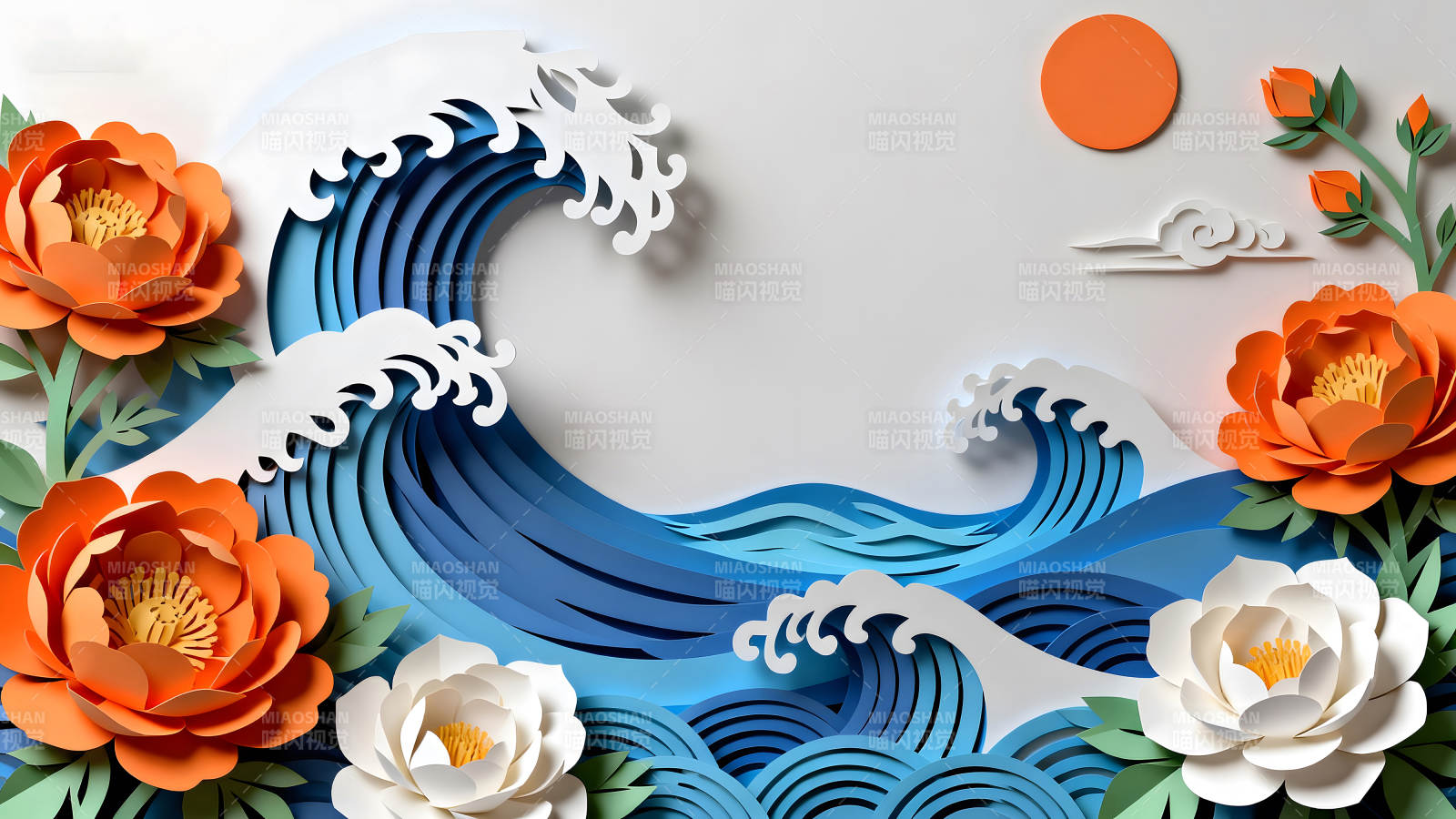 紙藝海浪與花卉風(fēng)格鮮明色彩鮮艷-圖片