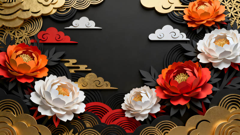 紙藝花卉與云朵裝飾的背景-圖片