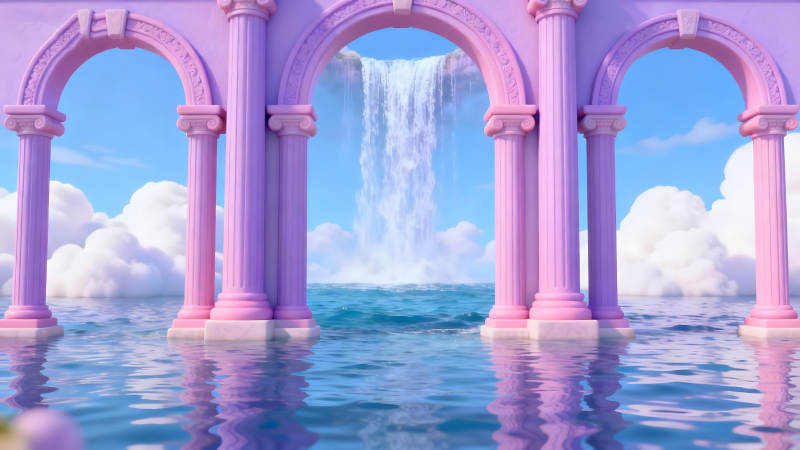 夢幻粉色建筑與瀑布交相輝映-圖片