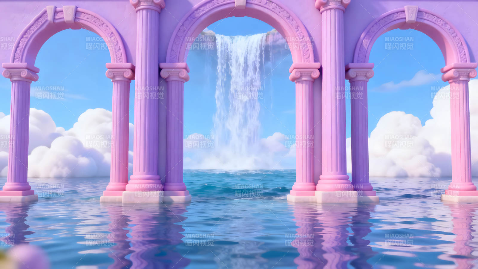 夢幻粉色建筑與瀑布交相輝映-圖片