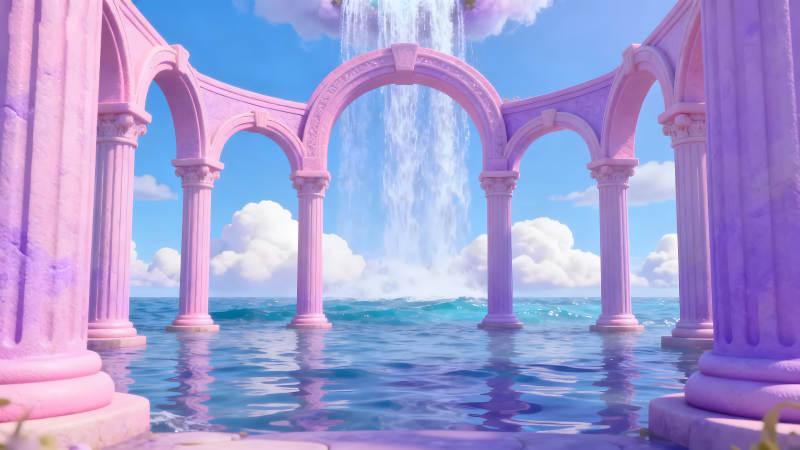 粉色拱門水瀑布仙境藍天白云-圖片