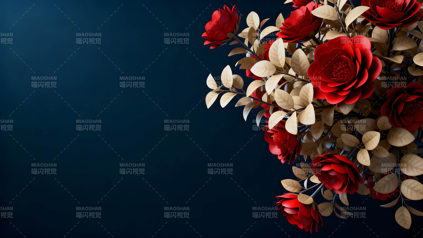 紅玫瑰與金葉子的優雅綻放-圖片