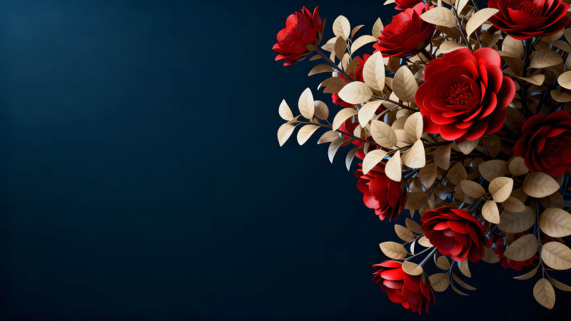 紅玫瑰與金葉子的優雅綻放-圖片