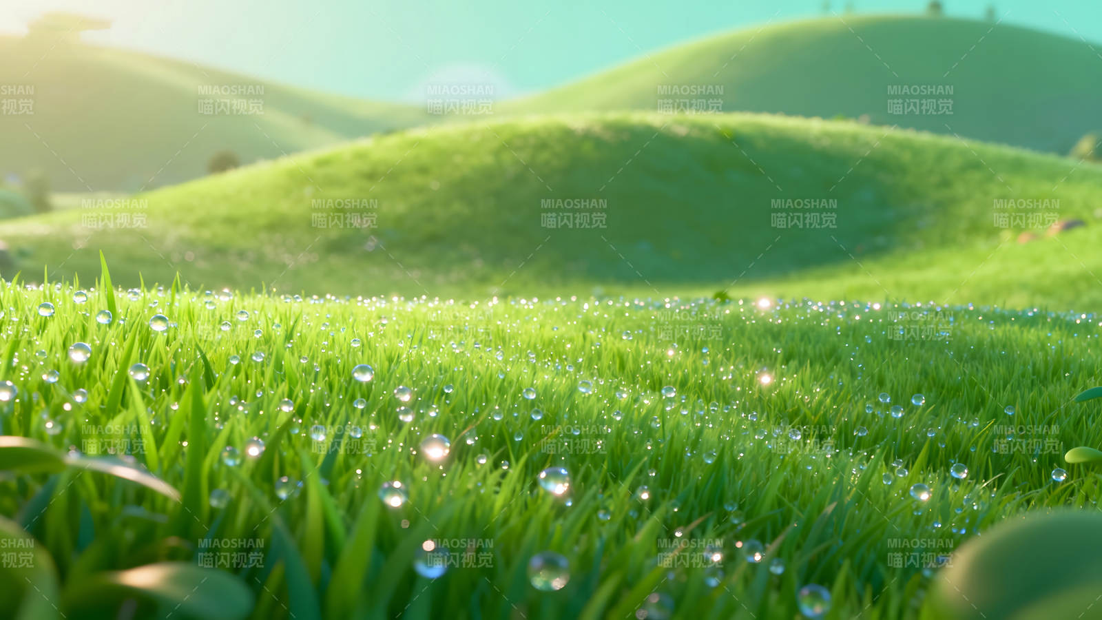 翠綠草地晶瑩露珠遠山如黛光影斑斕-圖片