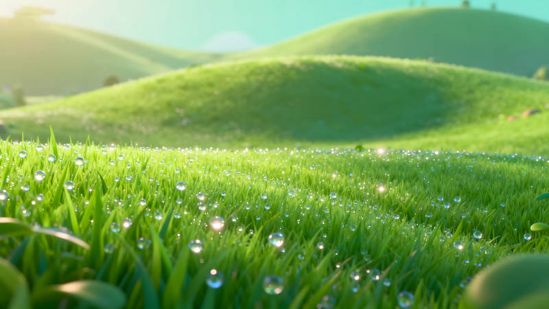 翠綠草地晶瑩露珠遠(yuǎn)山如黛光影斑斕-圖片