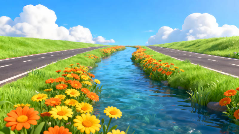 田野花海兩邊公路晴空萬里-圖片