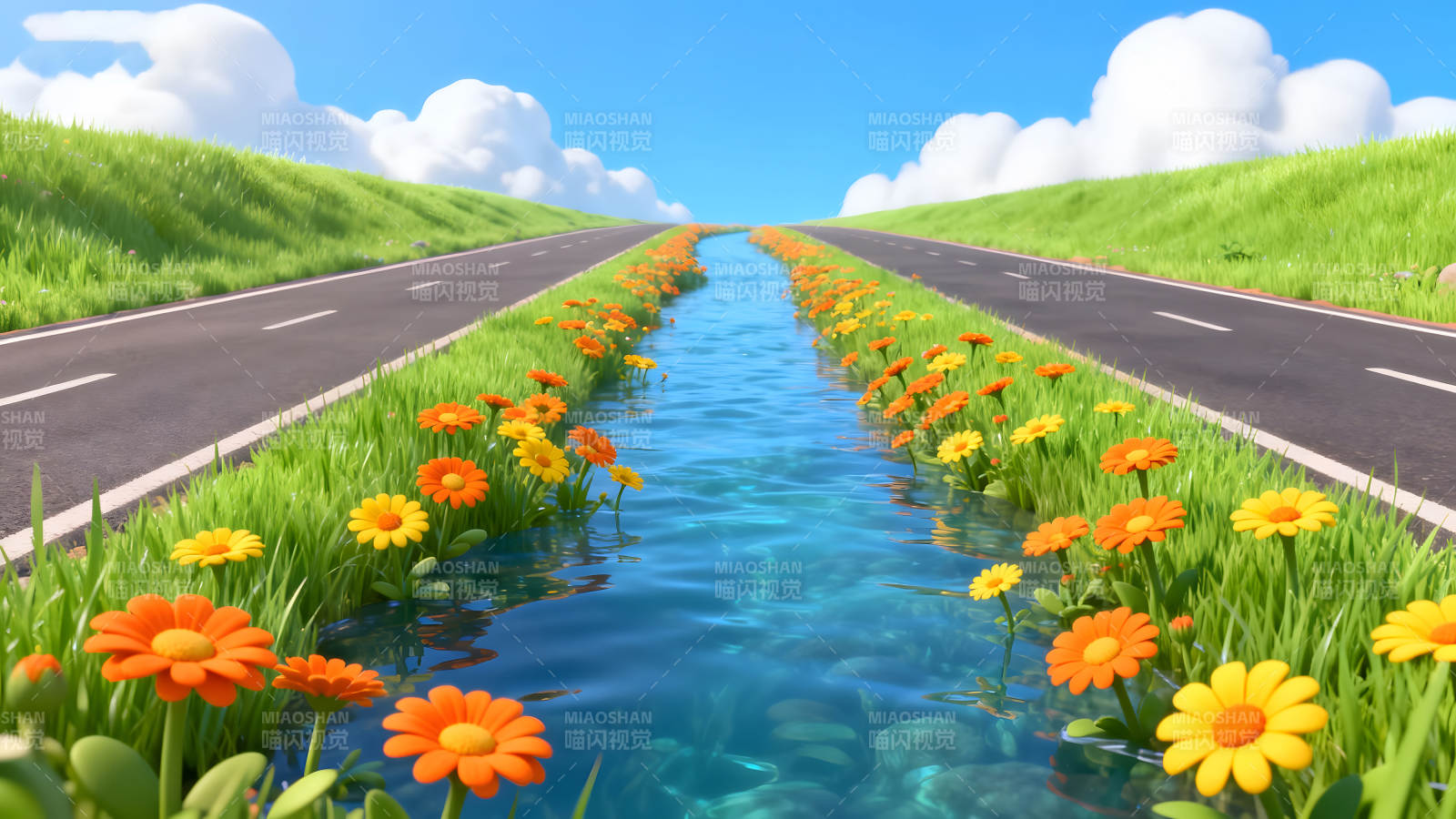 鮮花河流公路藍天白云-圖片