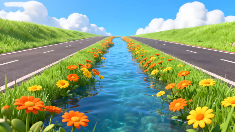 鮮花河流公路藍天白云-圖片