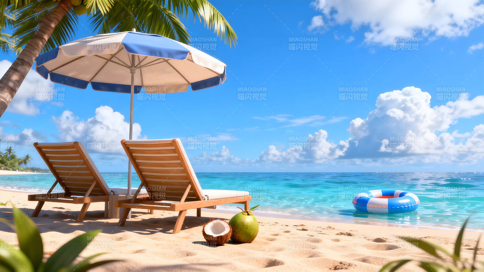 海灘休閑勝地陽光明媚蔚藍天空圖片