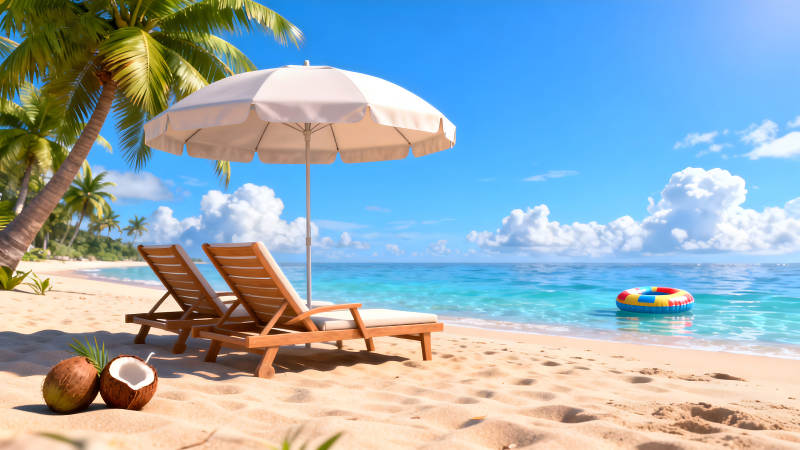 海灘休閑場景藍天白云椰子樹躺椅-圖片