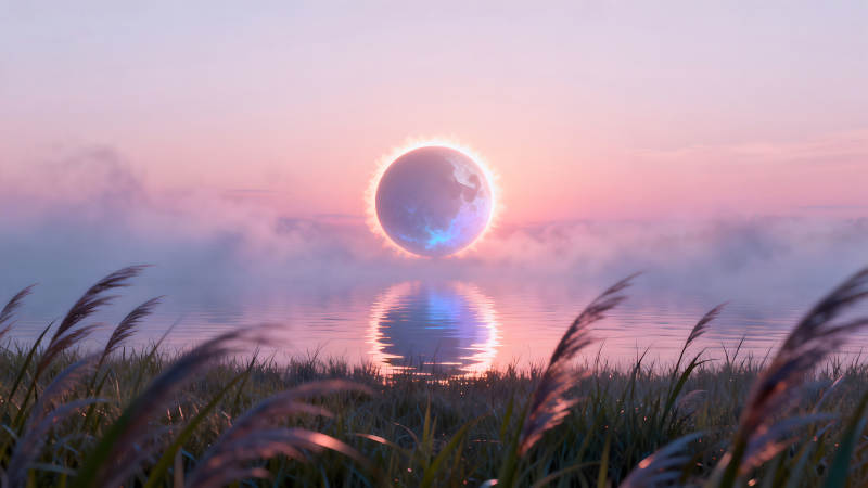 奇幻湖泊上的發光天體倒影-圖片