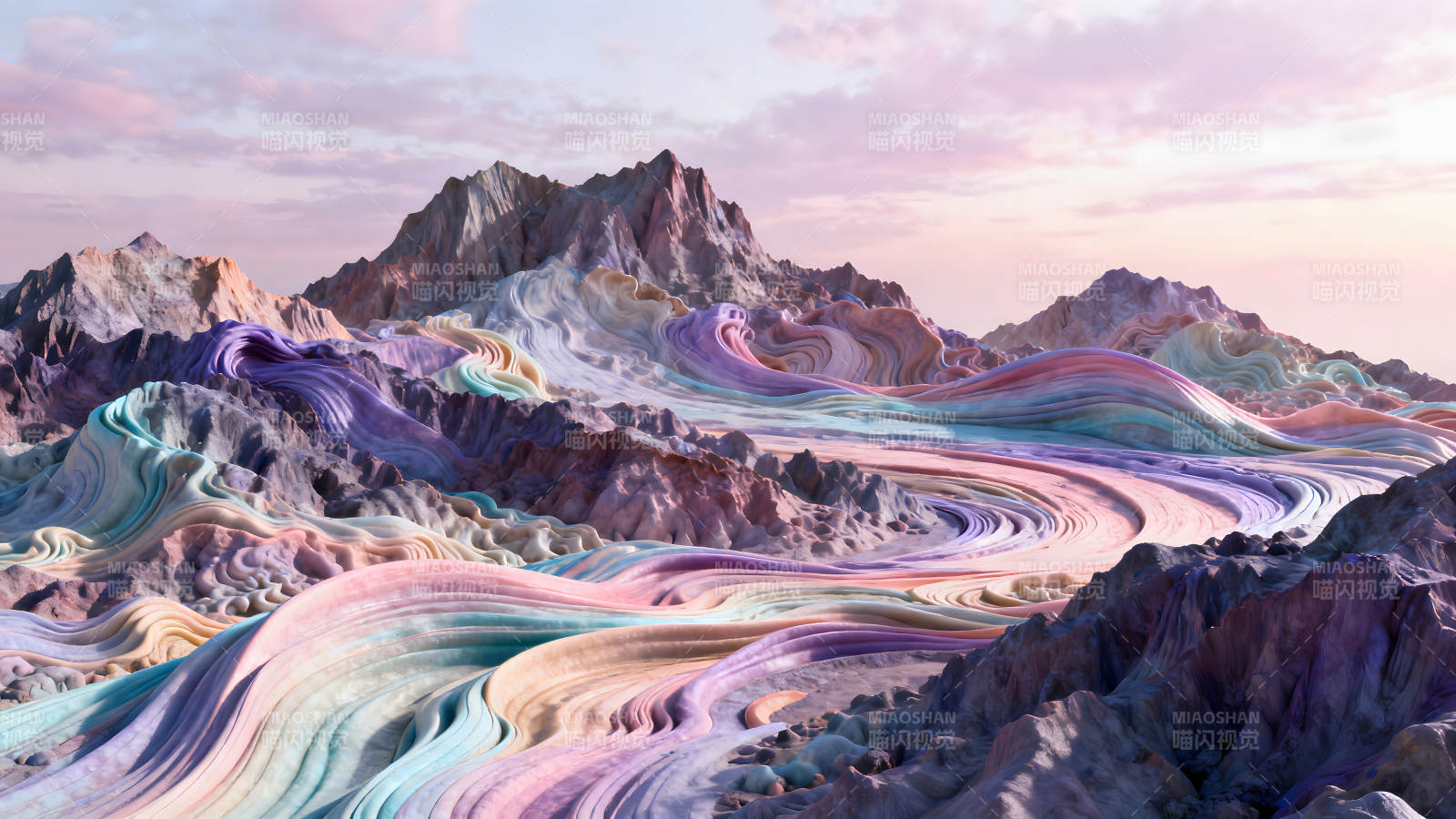 夢幻山脈與彩虹河流交織的唯美景象-圖片