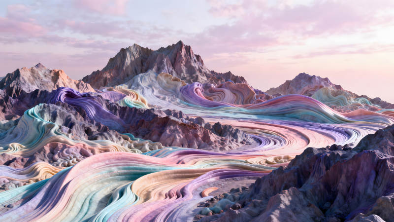 夢幻山脈與彩虹河流交織的唯美景象-圖片