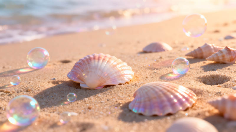 海灘上的貝殼與氣泡美麗的陽光沙灘景色-圖片