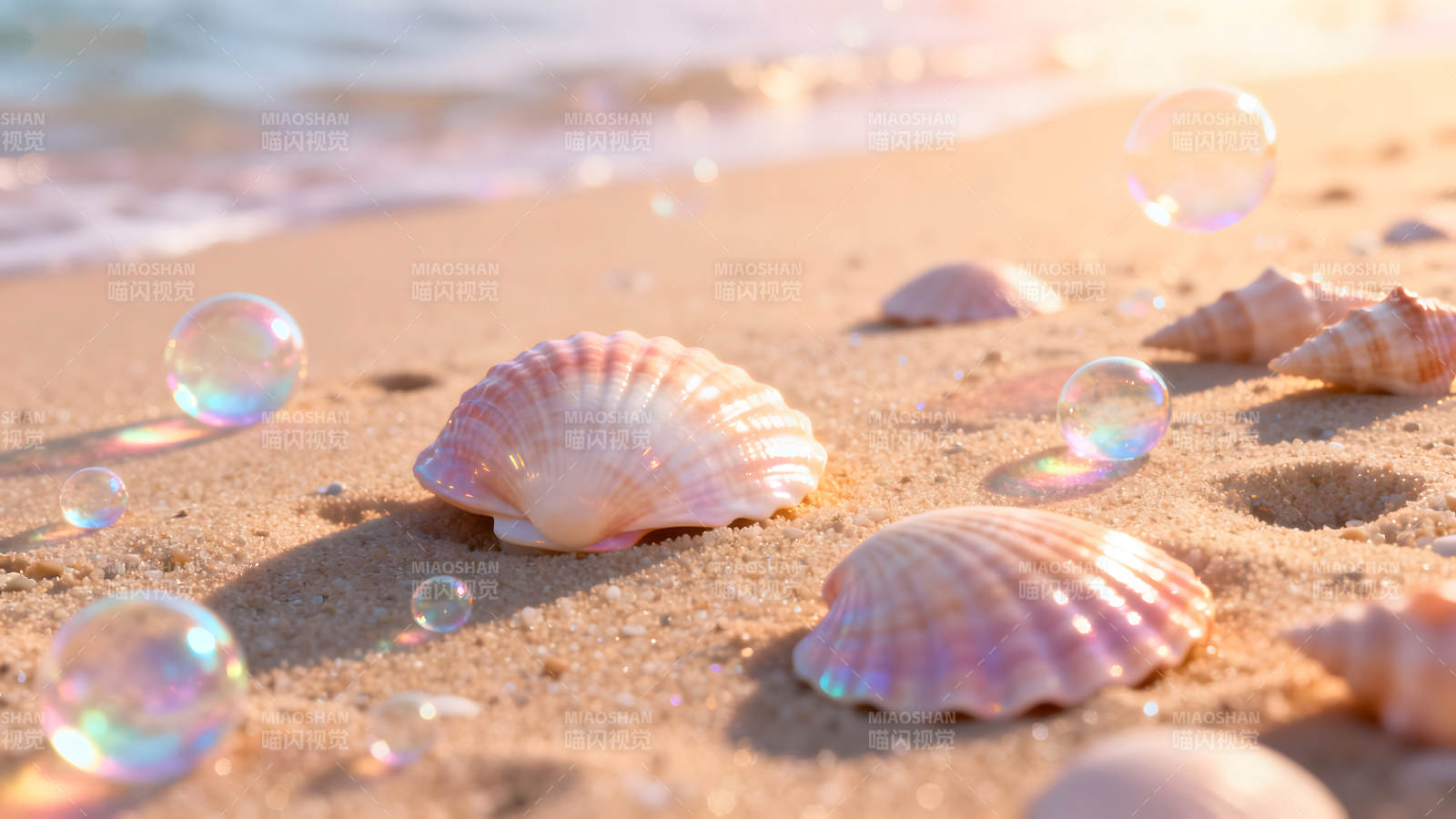 海灘上的貝殼與氣泡美麗的陽光沙灘景色-圖片