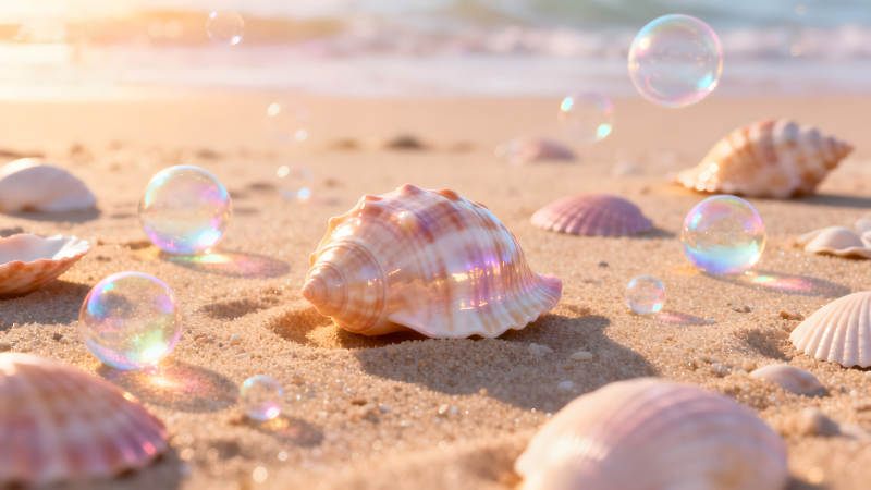 海灘上的貝殼和泡泡-圖片