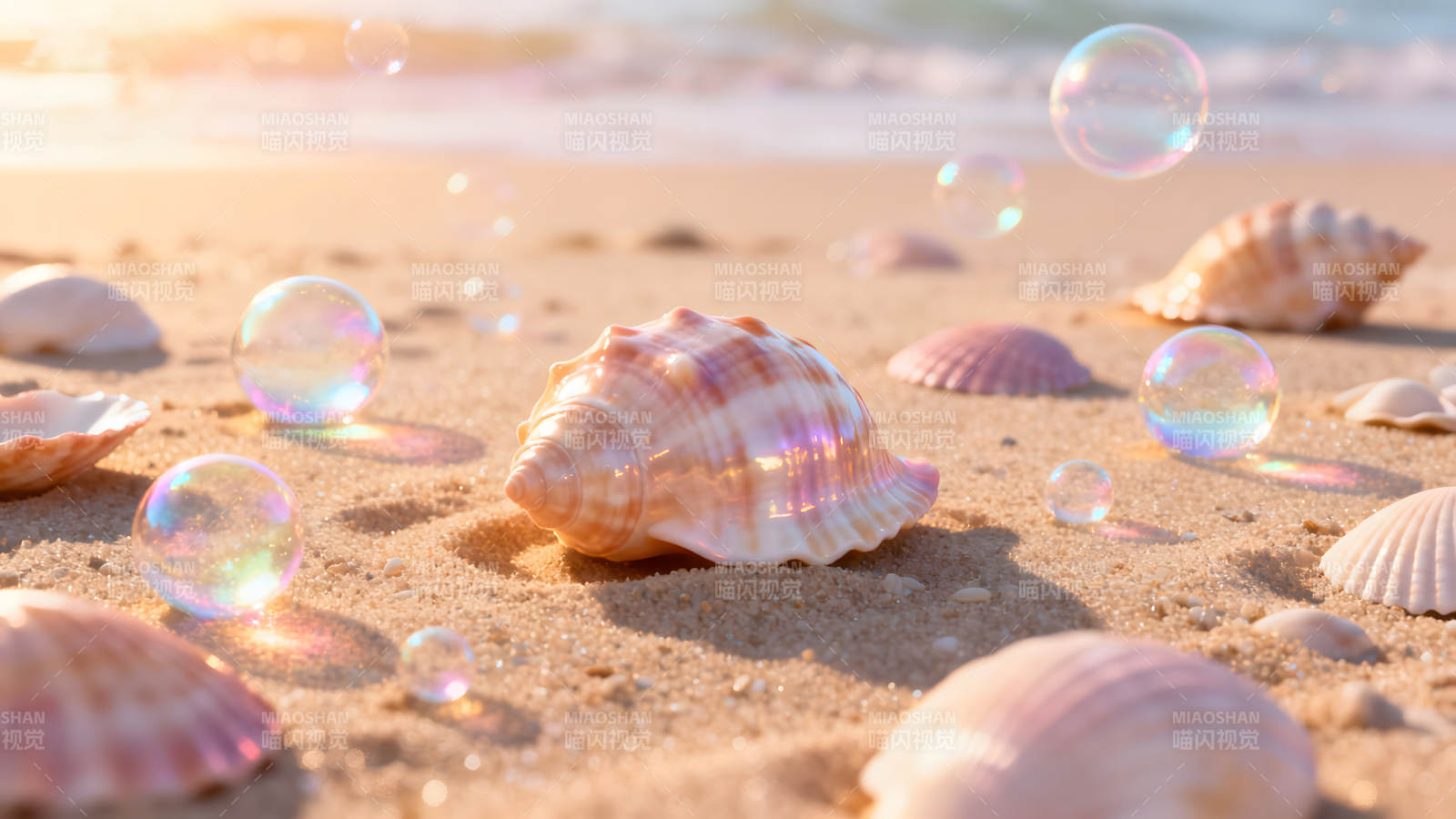 海灘上的貝殼和泡泡-圖片
