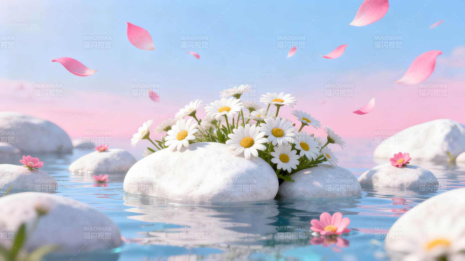 水中花朵與落葉寧靜唯美意境-圖片