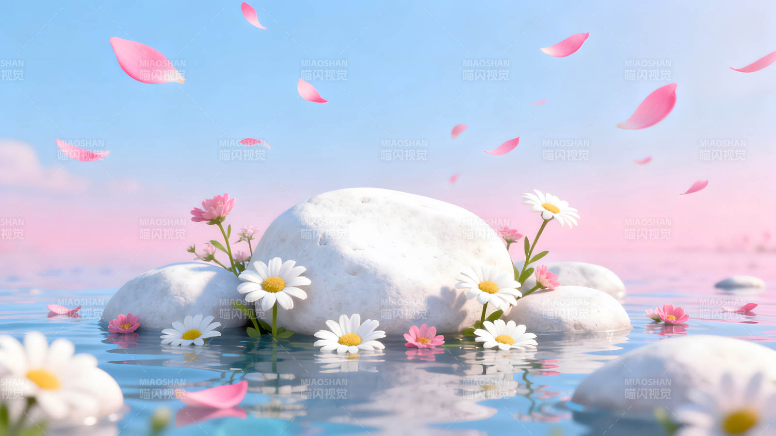 粉色花瓣漂浮水面唯美浪漫意境-圖片