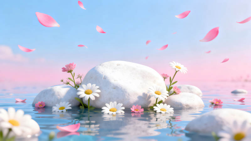 粉色花瓣漂浮水面唯美浪漫意境-圖片